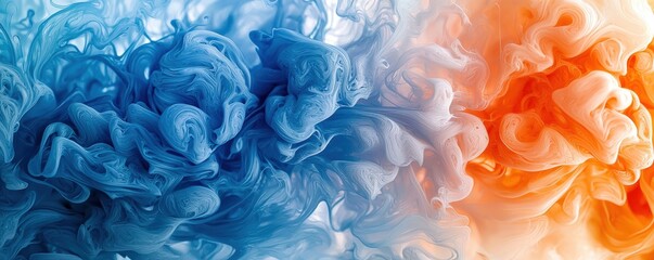 Spectacular blue and orange liquid ink swirling and churning together, with realistic textures and intricate 3D detail, evoking a sense of motion and depth
