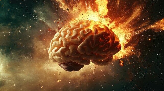 Concept art of a human brain exploding with knowledge and creativity