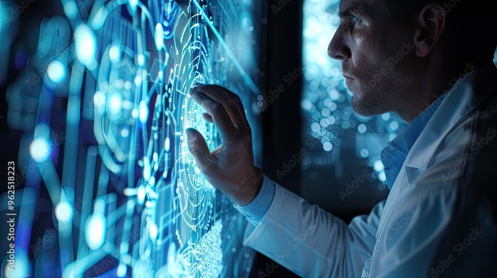 Aufkleber close-up of a scientist in a lab coat examining a futuristic holographic display