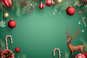 Center vector design for text space. Christmas hanging balls, reindeer, candy canes, ornaments and Christmas elements on elegant green background. with generative ai