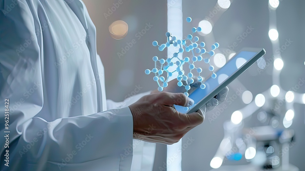 Poster a scientist in a lab coat holding a digital tablet with 3d molecular structures displayed on the scr