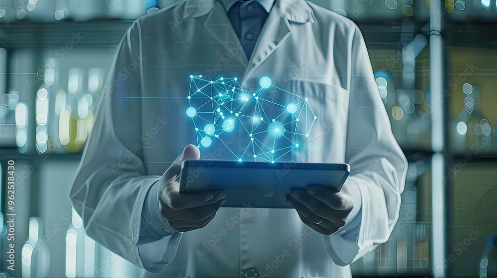 Poster a scientist in a lab coat holding a digital tablet with 3d molecular structures displayed on the scr