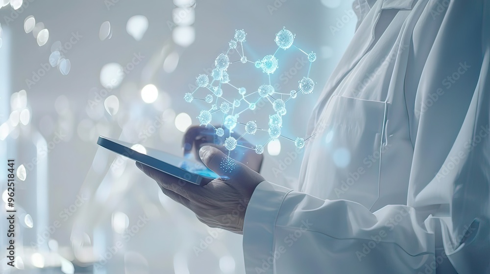 Poster a scientist in a lab coat holding a digital tablet with 3d molecular structures displayed on the scr