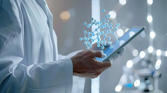 A scientist in a lab coat holding a digital tablet with 3D molecular structures displayed on the screen.