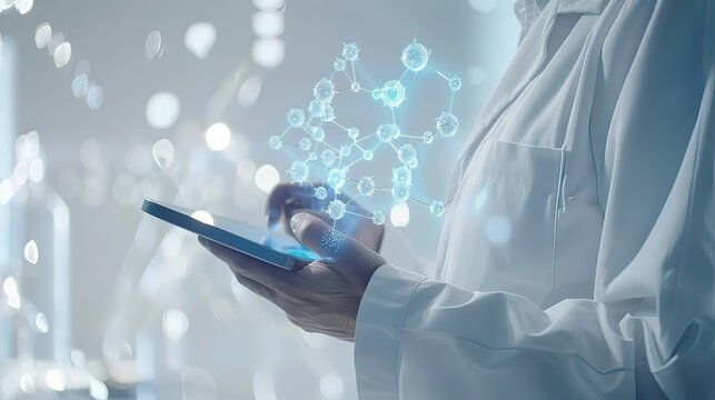 A scientist in a lab coat holding a digital tablet with 3D molecular structures displayed on the screen.