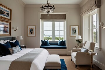 Fototapeta premium Elegant Bedroom Interior with Stylish Picture Frame and Restful Space Display