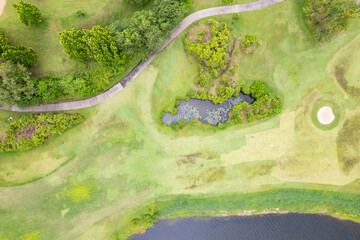 Aerial view of beautiful green golf field fairway and putting green,Top view image for sport...