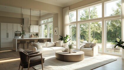 Fototapeta premium Modern Living Room with Large Windows and White Sofa
