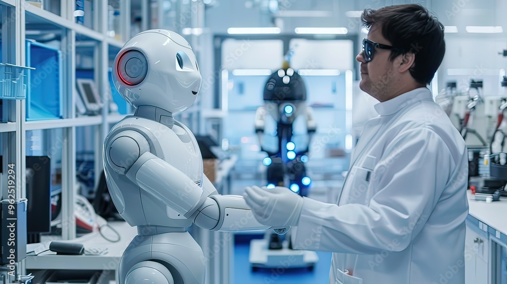 Poster an advanced robot working alongside a human technician in a clean, high-tech lab.