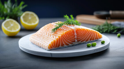 A close-up of a fresh raw salmon fillet garnished with dill, accompanied by lemon slices, ready for cooking or preparation.