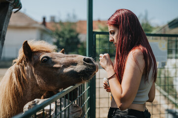 A young woman interacts with a pony at a petting zoo, feeding it by hand. The sunny outdoor setting...