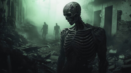 Fototapeta premium A skeleton is standing in a dark, desolate area