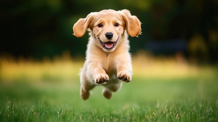 A Golden Retriever Puppy Leaping Through the Air with a Joyful Expression