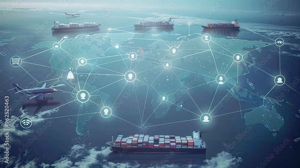 Poster a global map with interconnected lines and icons representing the global supply chain network, inclu