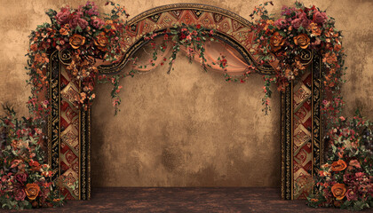 A decorative arch adorned with vibrant flowers and foliage, suitable for events or photography backdrops.