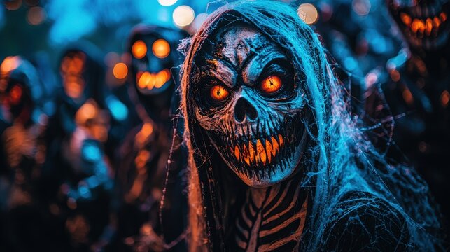 Whimsical Halloween costumes with a monster mash theme, surrounded by spooky spiders and cobwebs for a perfect blend of festive and frightful