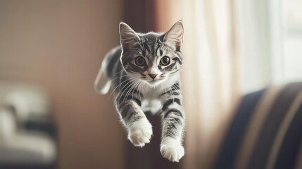 A Tabby Cat Leaping Through the Air with Paws Extended