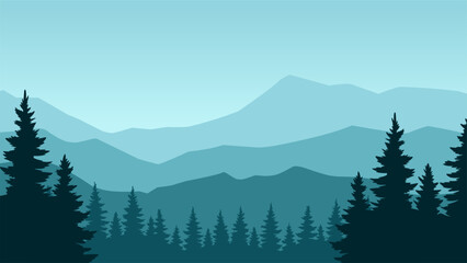 Fototapeta premium Landscape illustration of pine forest silhouette and mountain range