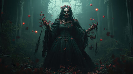 A terrifying undead queen with rotting skin, standing in a darkened throne room, tattered robes hanging from her skeletal frame, glowing orbs floating in the air.