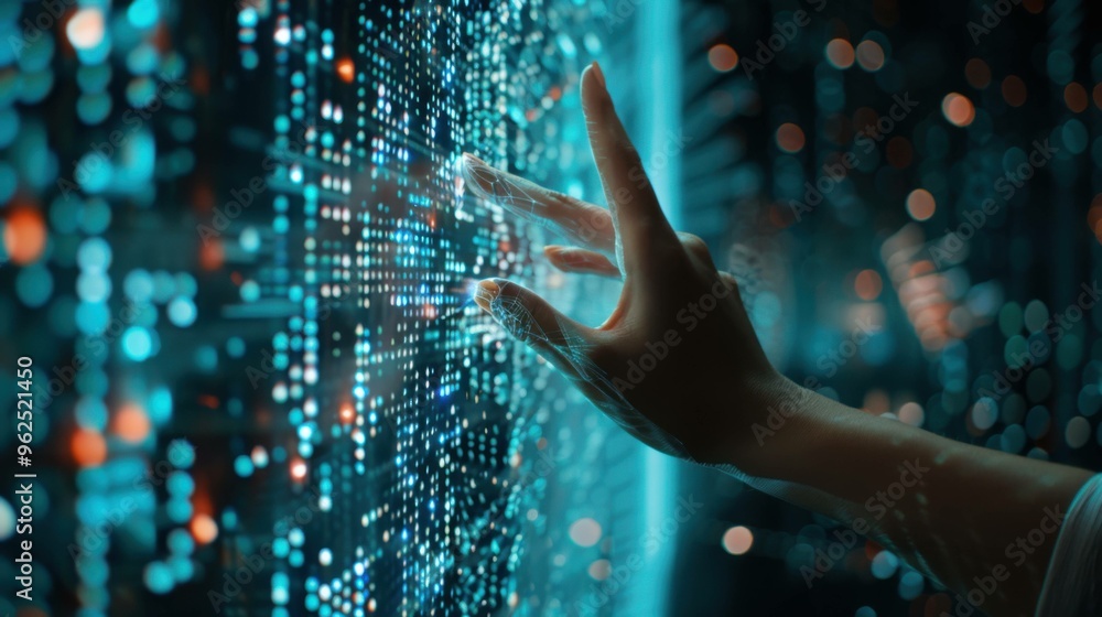 Poster a hand reaches toward a glowing neural network symbolizing artificial intelligence, innovation in cy