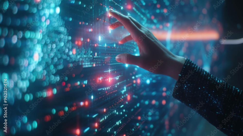 Poster a hand reaches toward a glowing neural network symbolizing artificial intelligence, innovation in cy