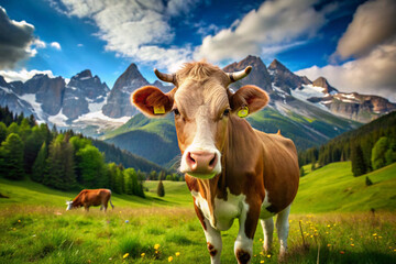 Brown and White Cow in a Mountain Pasture