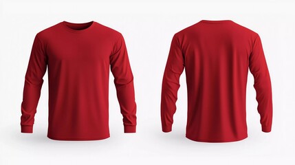 Blank red long sleeve t shirt front and back view on white background, design mockup for print, red tshirt mock up template, empty tshirt for design presentation