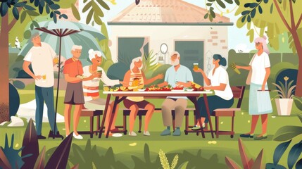 A joyful gathering of a diverse group of family and friends, including children, adults, and elderly, enjoying outdoor conversations around a table, while preparing a barbecue and sharing vegetables.
