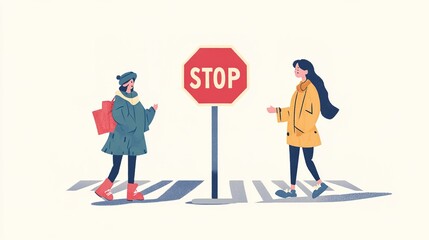 Fototapeta premium Educational Illustration of Semiosis in Semiotics: Understanding the Process from Sign to Meaning to Reaction Using a Stop Sign Example.