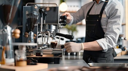 Barista in apron brewing coffee with a sleek espresso machine in a modern cafÃ©. 
