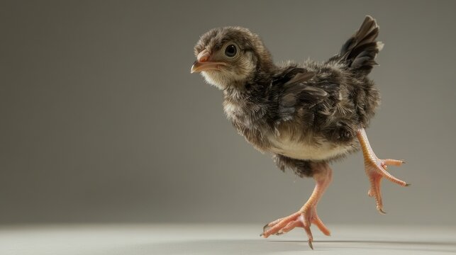 Close-up of a Brown and White Chicklet Walking on a Light Gray Surface