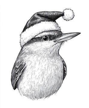 recommend clip art: Black and white Vintage engraved art of a Nuthatch wearing a Christmas Santa hat, isolated on white background, ink sketch illustration, simple vector art design, highly detailed line art