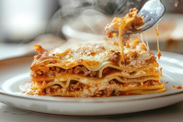 Fototapeta premium A closeup of a fork lifting a cheesy, gooey bite of lasagna from a plate, with steam rising, isolated on a white background with plenty of copy space