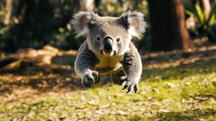 Fototapeta premium A Koala Leaping Through the Air with Claws Extended