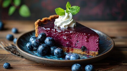 An elegant presentation of a blueberry cheesecake on a fancy dessert plate, with a dollop of whipped cream and fresh blueberries, placed on a wooden table with copy space