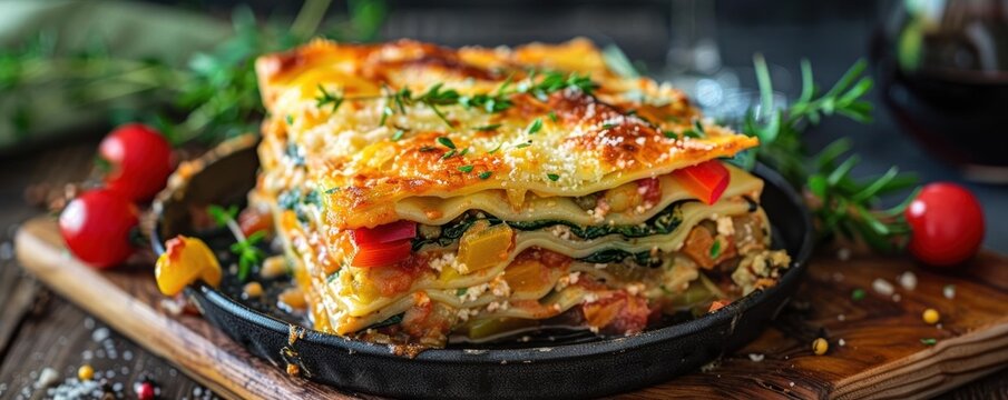 A vibrant shot of a vegetarian lasagna with colorful layers of vegetables, placed in a baking dish, with fresh herbs and a glass of wine in the background