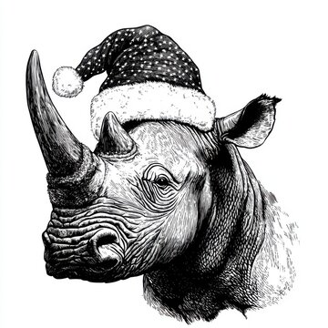 recommend clip art: Black and white Vintage engraved art of a rhino wearing a Christmas Santa hat on its horn, isolated on white background, ink sketch illustration, simple vector art design, highly detailed line art