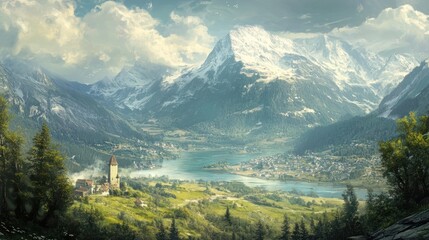 Mountainous Landscape with a Village, Lake, and Castle
