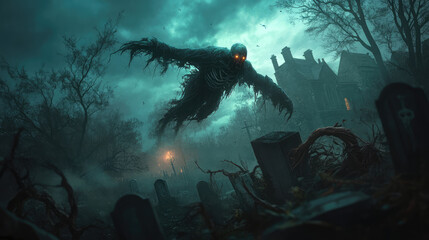 An undead creature with glowing eyes and rotting wings, soaring through a darkened sky, its skeletal frame glowing faintly, twisted trees and tombstones below.