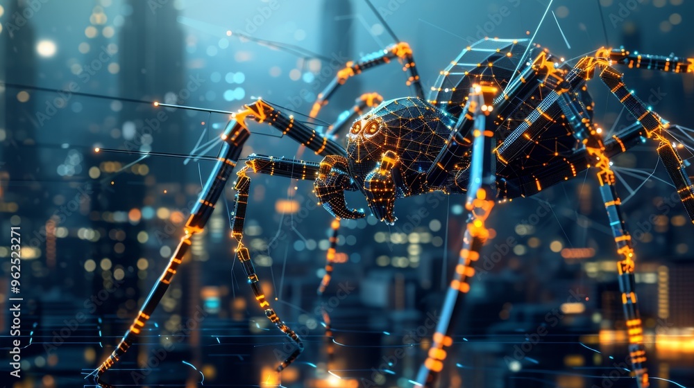Poster a futuristic digital spider constructed from glowing network nodes crawls against a backdrop of a hi