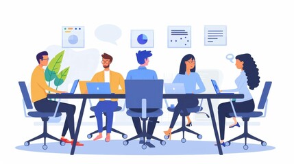 Office employees and freelancers in a virtual meeting, engaging in a video conference call. Coworkers at a negotiation table, focused on the display with remote colleagues speaking.
