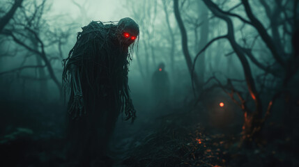 A creepy monster with red eyes stands in a dark forest