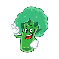 Happy cartoon broccoli character wearing glasses and giving the okay sign.