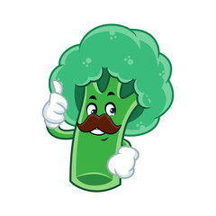 Funny broccoli cartoon character mascot with a mustache giving a thumbs up.