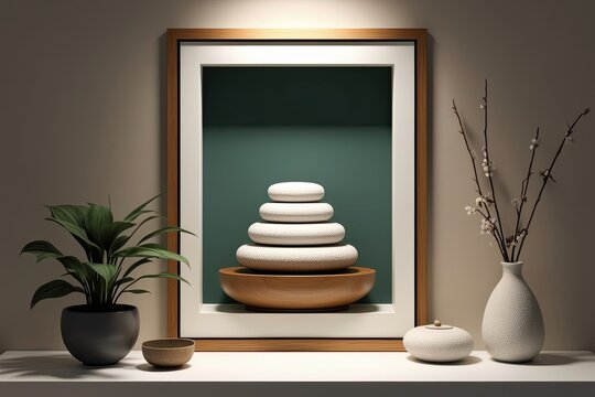 Zen Wellness Corner with Framed Image Creating a Tranquil Serene 3D Atmosphere