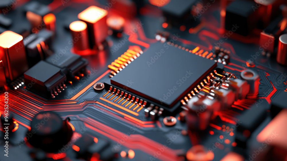 Poster detailed image of a central microchip on a circuit board with glowing red and orange traces, showcas