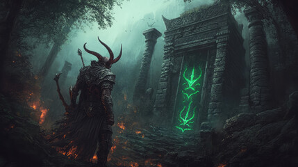 An undead creature with sharp horns and decayed flesh, standing in the ruins of an ancient temple, glowing green symbols etched into the stone walls.