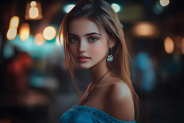 Beautiful Woman with Long Brown Hair in Blue Dress Portrait