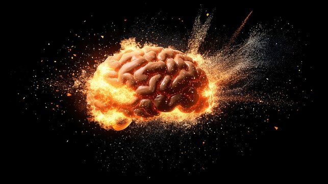 Concept art of a human brain exploding with knowledge and creativity