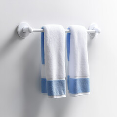 Two white towels with blue accents hang neatly on a white wall-mounted towel rack, adding a fresh touch to the bathroom.